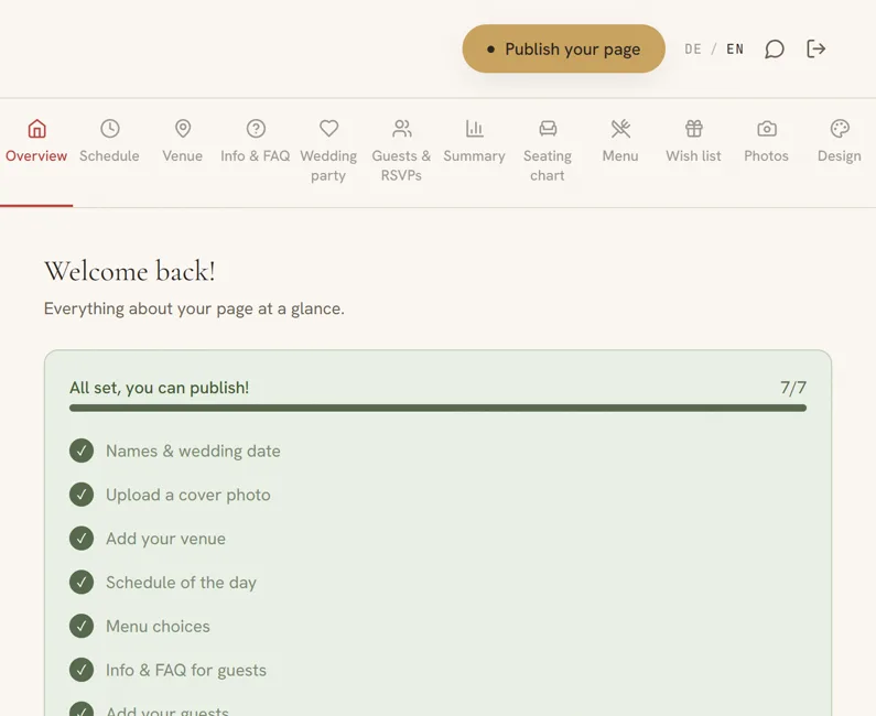 The about2marry builder: tabs for schedule, venue, guests and more, plus a checklist that takes you to publishing