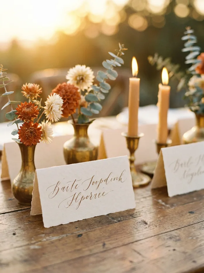 Namenskärtchen in Kalligrafie, zwischen Blumen und Kerzen auf der Tafel