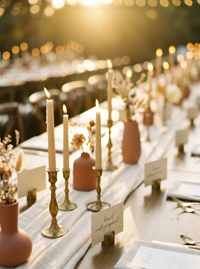 Lange festlich gedeckte Tafel mit Kerzen und Namenskärtchen von oben
