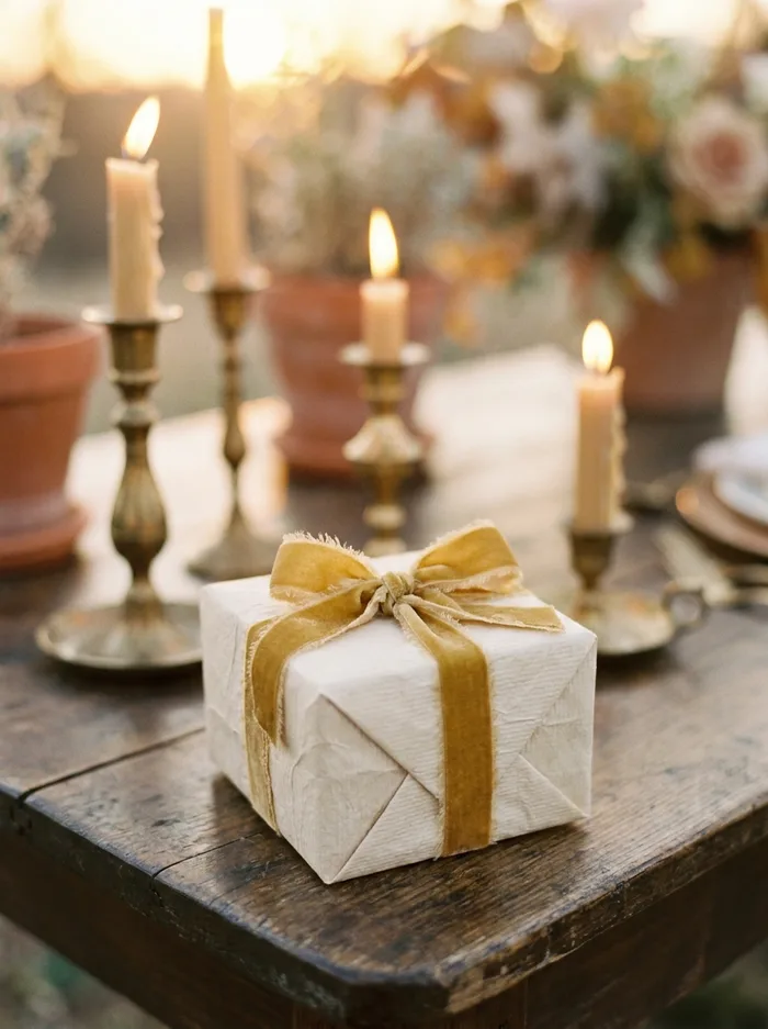 Kleines Geschenk mit cremefarbenem Papier und goldener Schleife