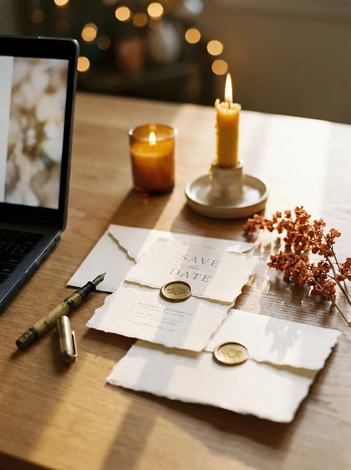 Save-the-Date-Karte mit Wachssiegel neben Laptop und Kerzenlicht
