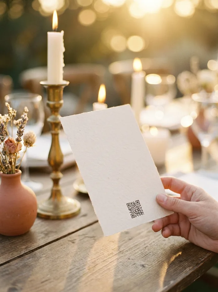 Hand hält eine Einladungskarte mit aufgedrucktem QR-Code